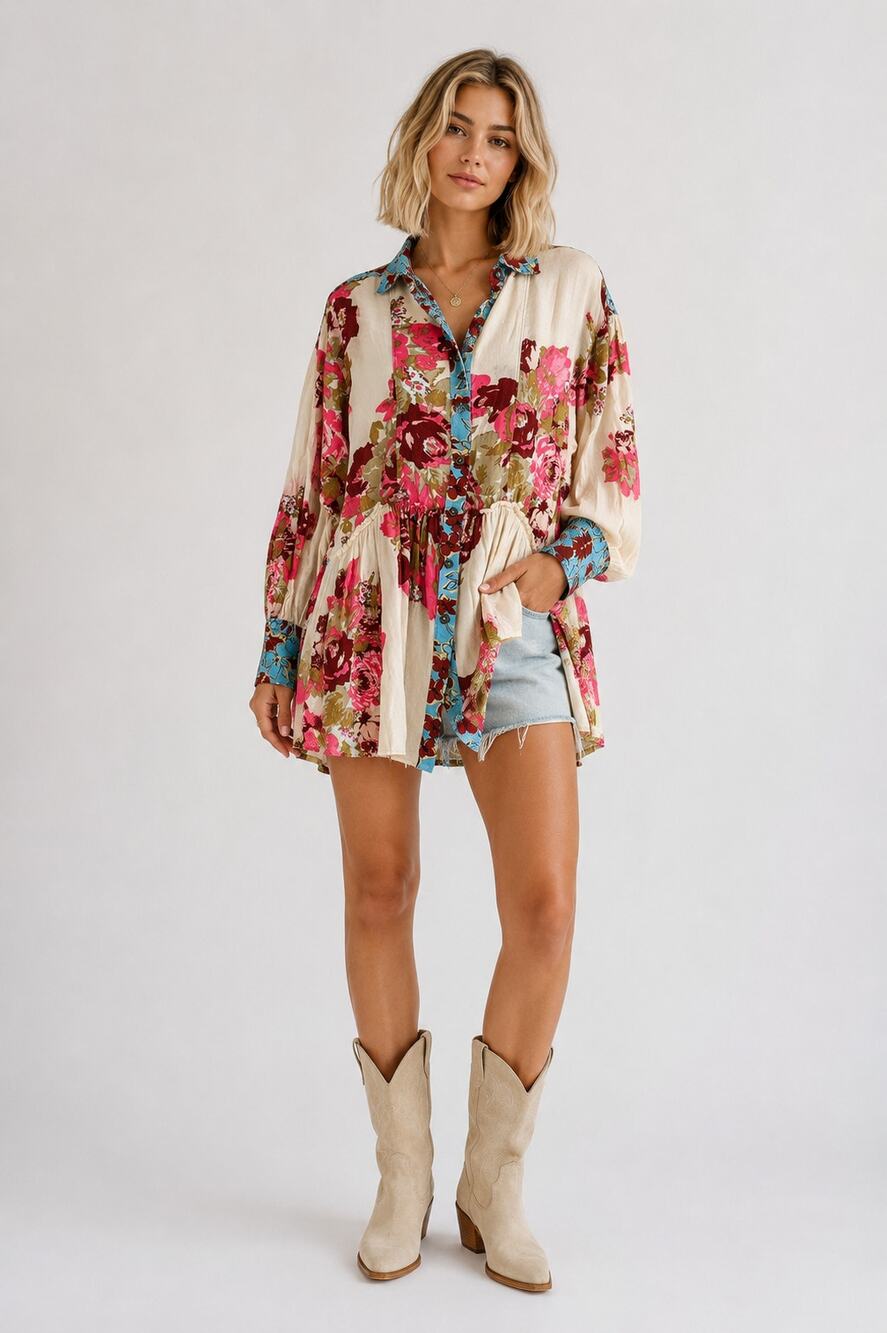 Free People Oversized Brunch A Bunch Long Sleeve Tunic Shirt Womens Size Small